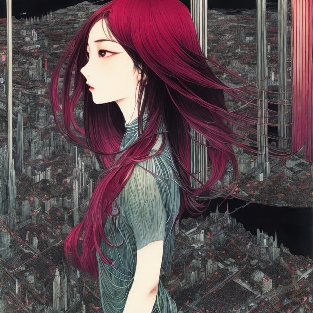 Prompt: Harry Clarke, Ayano Imai, Surreal, mysterious, strange, fantastical, fantasy, Sci-fi, Japanese anime, spherical engine, miniskirt beautiful girl, perfect voluminous body, concrete city, detailed masterpiece 