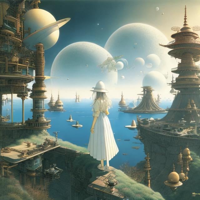 Prompt: Virpi Talvitie, Heath Robinson, Surreal, mysterious, strange, fantastical, fantasy, Sci-fi, Japanese anime, Terra Incognita, Alice, a blonde miniskirt beautiful girl who pursues the structure of the celestial sphere and researches it, detailed masterpiece 