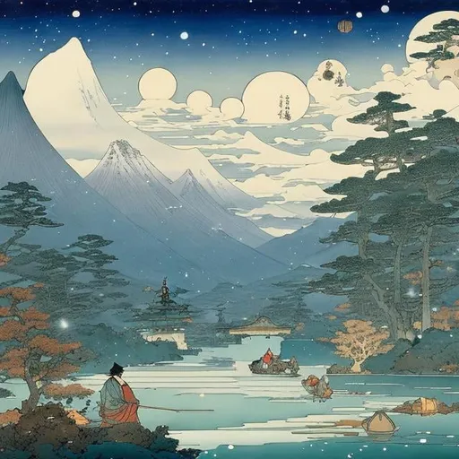 Prompt: Anton Pieck, George Barbier, Ukiyo-e style Japanese Anime Surreal Mysterious Weird Fantastic Fantasy Sci-fi Fantasy Lantern Flowing on the River of the Galaxy, hyperdetailed high resolution high definition high quality masterpiece, fine lines