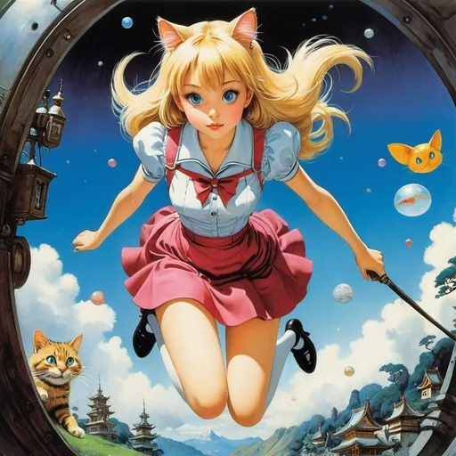 Prompt: Charles Robinson, Károly Józsa, Yuriko Yamawaki, katsuhiro Otomo, Ivan Kirkov, Surrealism, Mysterious, Bizarre, Outlandish, Fantasy, Sci-fi, Japanese Anime, Alice, a beautiful blonde miniskirt girl who jumps out of the movie screen, perfect voluminous body, Cheshire Cat and card guards are chasing Alice, detailed masterpiece 