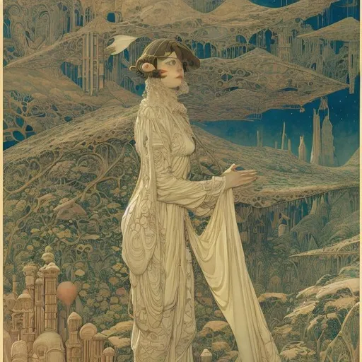 Prompt: Koloman Moser, Richard Dadd, Warwick Goble, Maurice Sendak, Japanese anime Sci-Fi Fantasy　Solo girl, Cultural blueprint　natural science　architectural　archaeology　astronomy　makina　organism　physics　natural science　mankind　hyperdetailed high definition high resolution high quality masterpiece
