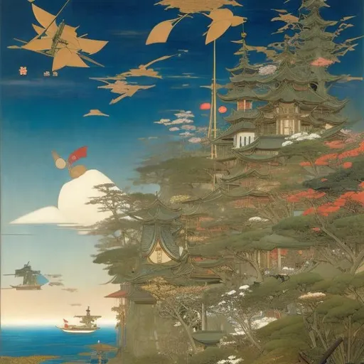 Prompt: Japanese style, Richard Dadd. Japanese Anime, Mysterious Strange Fantastic Absurd Sci-Fi Fantasy Peter Pan and Wendy Flying Children Pirate Ship, hyper detailed high resolution high definition high quality masterpiece 