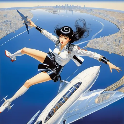 Prompt: Hajime Sorayama, Naoyuki Kato, Harry Clarke, Aart van Dobbenburgh, Olivia de Berardinis, Surrealism, wonder, strange, bizarre, fantasy, sci-fi, Japanese anime, a comet flying through the liquid glass sky, a mini-skirt beautiful pilot chasing a comet using a screw-type plane, perfect voluminous body, over Tokyo Bay, looking down at Tokyo Tower, bird's eye view, detailed masterpiece 