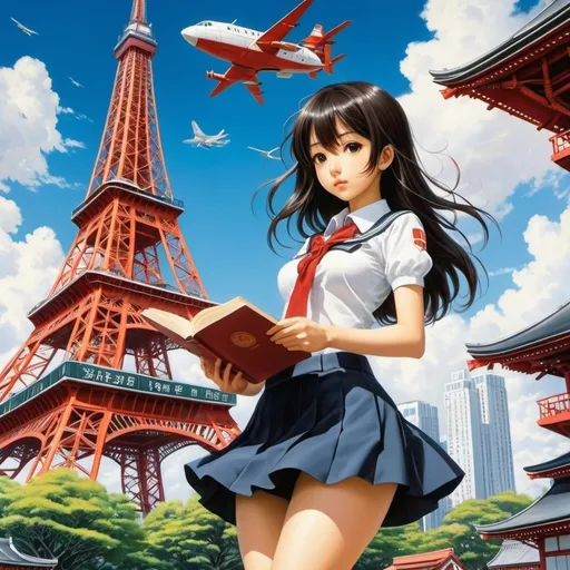 Prompt: Yuji Kanazawa, Emma Ríos, Boris Dekhterev, Kiyoko Arai, Laura Pérez Vernetti, Surrealism Mysterious Weird Fantastic Fantasy Sci-Fi, Japanese Anime, Tokyo Tower, Human Powered Airplane, Miniskirt Beautiful High School Girl Reading, perfect voluminous body, detailed masterpiece 