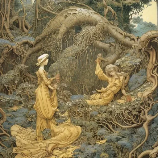 Prompt: Walter Crane, Frank Cadogan Cowper, Hannes Bok, m c Escher, Japanese anime, automatic crescent girl, fossil digging, bottom of the forest, twisted time, hyperdetailed high resolution high quality high definition masterpiece 