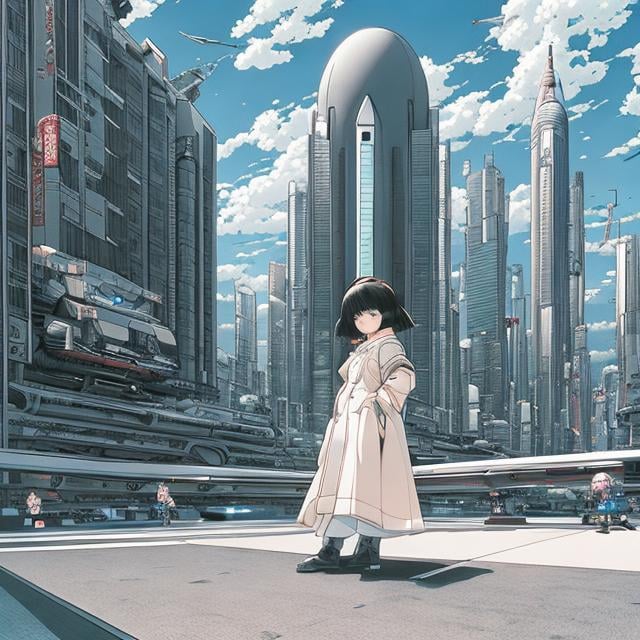 Prompt: Katsuhiro Otomo style, cityscape, spaceship landing, girl waiting on the ground, fine lines, hyperdetailed high resolution high definition high quality masterpiece 