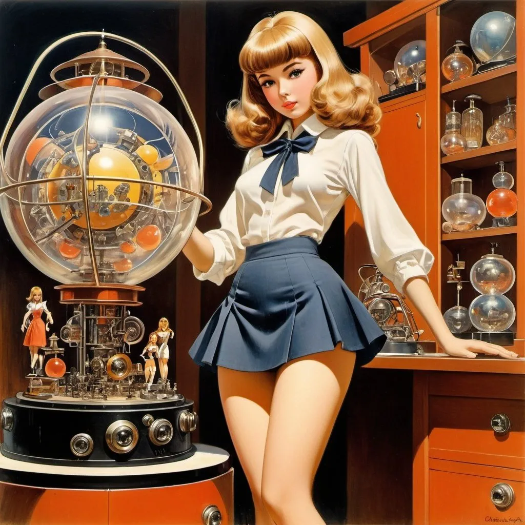 Prompt: Arthur Sarnoff, Charles Robinson, Surreal, mysterious, strange, fantastical, fantasy, Sci-fi, Japanese anime, science of dolls and optical equipment, miniskirt beautiful girl, perfect voluminous body, detailed masterpiece 