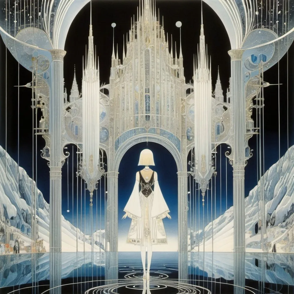 Prompt: Kay Nielsen, Bill Randall, Surreal, mysterious, bizarre, fantastical, fantasy, Sci-fi, Japanese anime, an amazing world inside a closed room, a scientific pilgrimage, a natural laboratory, an experiment by a beautiful high school girl in a miniskirt, perfect vol body, detailed masterpiece 