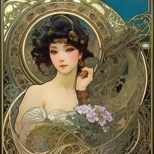 Prompt: Alphonse Mucha, A E Marty, Kenji Tsuruta, Surreal, mysterious, bizarre, fantastic, fantasy, Sci-fi, Japanese anime, sea, girl perfect voluminous body, dragon, empire of fantasy, art and science, mannerism, Prague, painter, sculptor, poet, astronomer, mathematician, magician, void and wonder, unknown knowledge, detailed masterpiece 