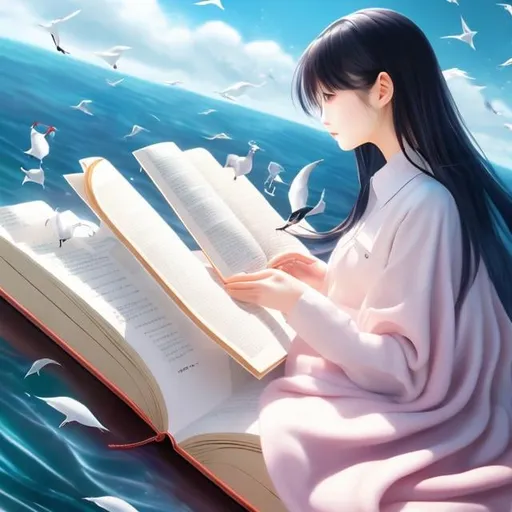 Prompt: Mizuho Aimoto, EEVA NIKUNEN, Surreal, mysterious, strange, fantastical, fantasy, Sci-fi, Japanese anime, the sea inside a book, several seagulls, a small steamship, a beautiful girl in a miniskirt reading a book, perfect voluminous body, detailed masterpiece 