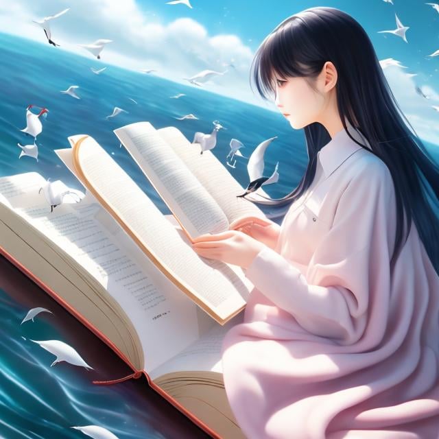 Prompt: Mizuho Aimoto, EEVA NIKUNEN, Surreal, mysterious, strange, fantastical, fantasy, Sci-fi, Japanese anime, the sea inside a book, several seagulls, a small steamship, a beautiful girl in a miniskirt reading a book, perfect voluminous body, detailed masterpiece 