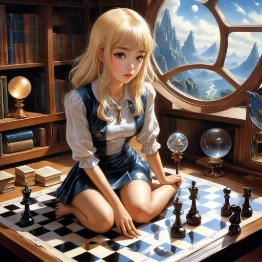 Prompt: Kelly Freas, Yumiko Igarashi, Surreal, mysterious, strange, fantastical, fantasy, Sci-fi, Japanese anime, old books, telescope, chessboard, mirror, blonde miniskirt beautiful girl Alice, perfect Voluminous body, detailed masterpiece sharp focus bird’s eye view perspectives cinematic lighting 