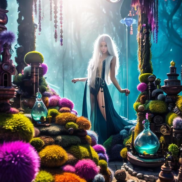 Prompt: Aaron Becker, Dimitri Petrov, Surreal, mysterious, bizarre, fantastical, fantasy, Sci-fi, Japanese anime, fluorite oil bottle garden, fluffy fluff bottled mineral terrarium, pendulum world, solo girl goes in between, perfect body, detailed masterpiece 