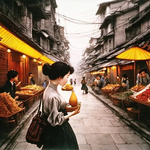 Prompt: Arthur Rackham, Shigeru Tamura, Surreal, mysterious, bizarre, fantastical, fantasy, Sci-fi, Japanese anime, sightseeing trip to Vietnam, beautiful high school girl in a miniskirt looking happy eating large Vietnamese noodles, perfect voluminous body, Hanoi cityscape, detailed masterpiece 