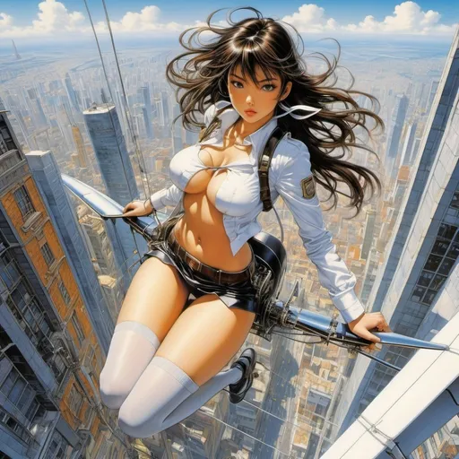 Prompt: Paolo Eleuteri Serpieri, Masamune Shirow, Surreal, mysterious, strange, fantastic, fantasy, sci-fi, anime, takeoff of a wire made human-powered plane, beyond a skyscraper, beautiful high school girl in a miniskirt, perfect voluminous body, detailed masterpiece bird’s eye views