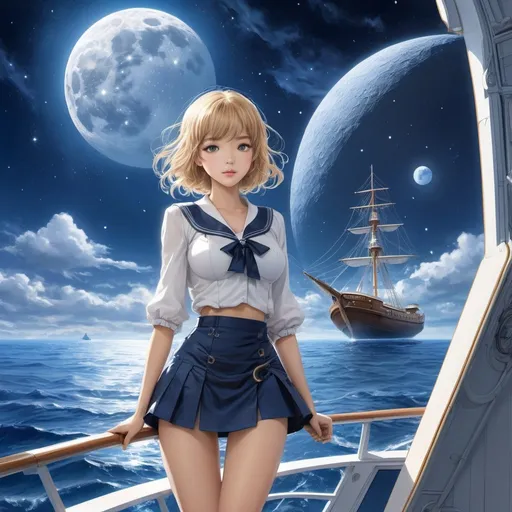 Prompt: Virginia Lee Burton, Antonio Rubino, Surreal, mysterious, strange, fantastical, fantasy, Sci-fi, Japan anime, boat floating in the ocean of mathematics, discontinuation of the horizontal nest line, blueprint of the moon, miniskirt beautiful girl, perfect voluminous body, detailed masterpiece 