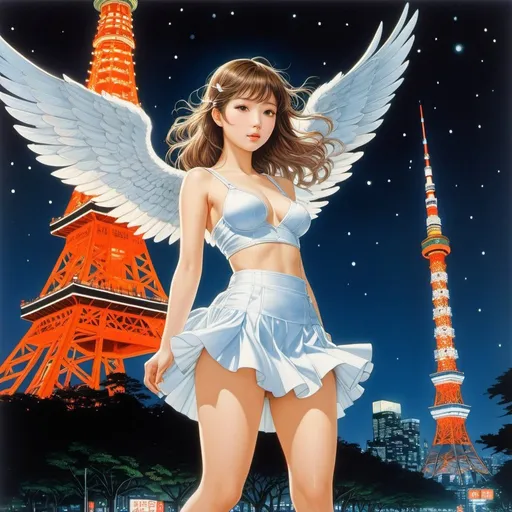 Prompt: Richard Doyle, Hasui Kawase, Surreal, mysterious, strange, fantastical, fantasy, Sci-fi, Japanese anime, miniskirt beautiful angel at night in Tokyo, perfect voluminous body, Tokyo Tower light up, detailed masterpiece 