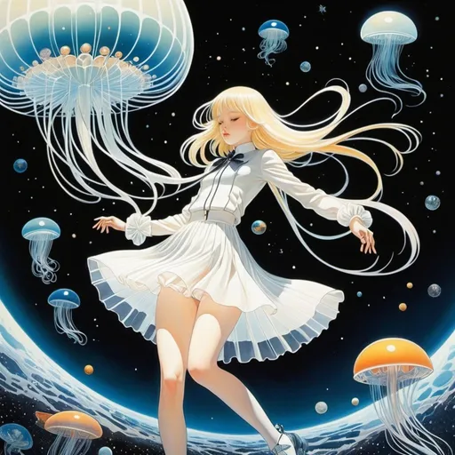 Prompt: Jillian Tamaki, Angela Lago, Kay Nielsen, Emmy Bridgwater, Yumiko Igarashi, Surrealism Mysterious Weird Fantastic Fantasy Sci-fi, Japanese Anime, Amorphous, Fluid Glass Jellyfish, Transparent Solar System, Beautiful Miniskirt High School Girl, perfect voluminous body, Spaceship Taking Off, detailed masterpiece 