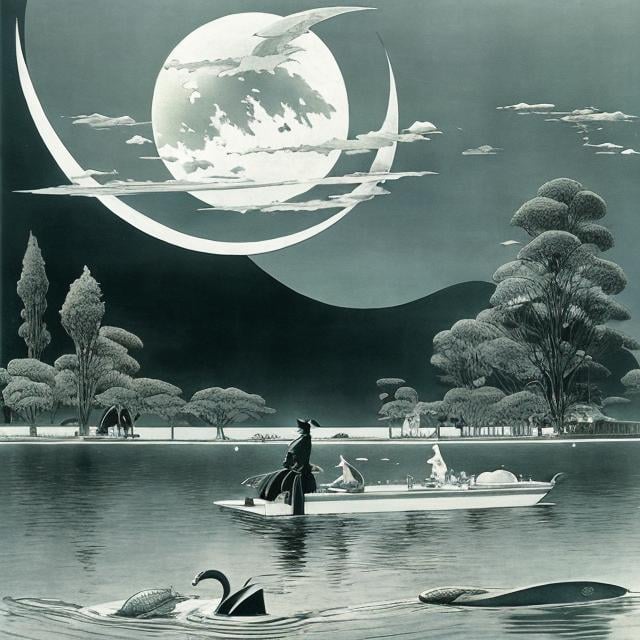 Prompt: Heath Robinson, Kurt Schwitters , Surreal, mysterious, strange, fantastical, fantasy, Sci-fi, Japanese anime, swimming elephant, floating crescent moon, flying lady, detailed masterpiece 