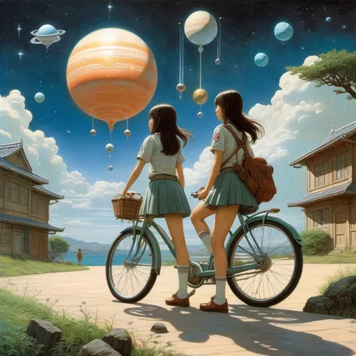 Prompt: Shaun Tan, Larry Elmore, Surreal, mysterious, strange, fantastical, fantasy, Sci-fi, Japanese anime, solar system, miniskirt beautiful high school girl's interplanetary bicycle trip, perfect body, detailed masterpiece 