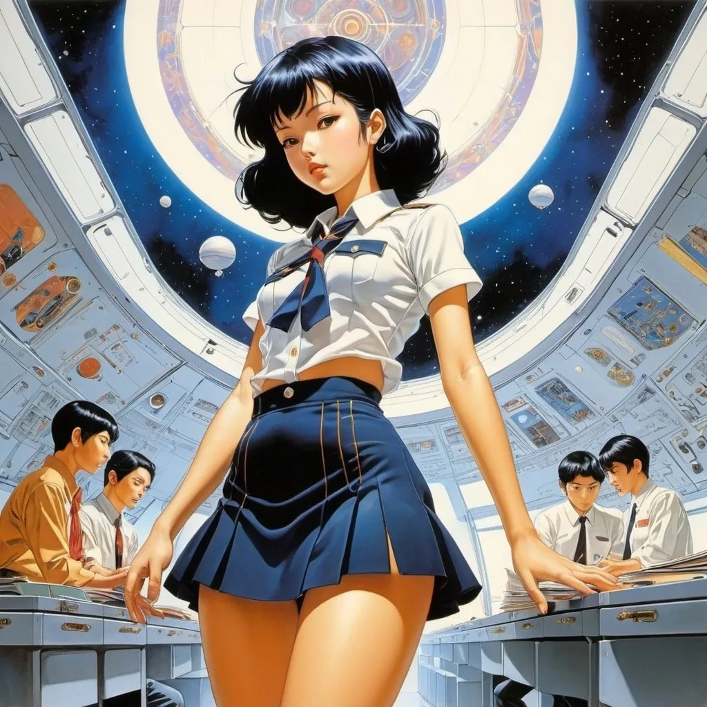 Prompt: Naoyuki Kato, Taiyo Matsumoto, Aquirax Uno, Baron Yoshinori, Leone Frollo, Surrealism, wonder, strange, bizarre, fantasy, Sci-fi, Japanese anime, miniskirt beautiful high school girl folding a spaceship with chiyogami, perfect voluminous body, study room and microcosm, detailed masterpiece 