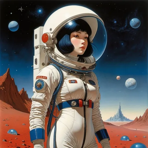 Prompt: Luciano Lozano, Richard Doyle, John Bauer, Jack Davis, Marc Burckhardt, Surrealism, wonder, strange, bizarre, fantasy, Sci-fi, Japanese anime, tuna fishing on Mars, beautiful girl in a space suit, perfect voluminous body, pale red and blue sky, nebula, detailed masterpiece 