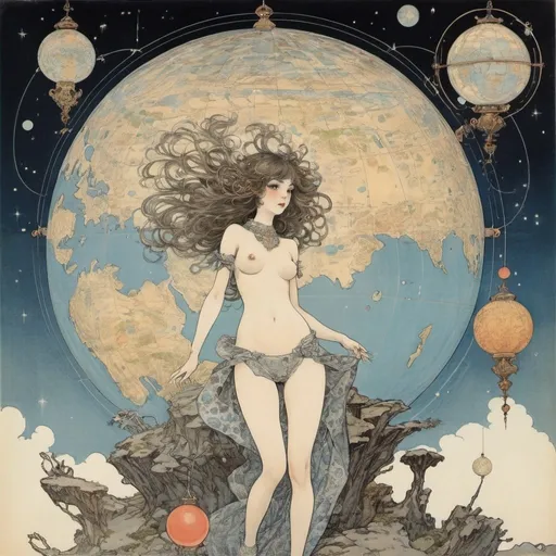 Prompt: Arthur Rackham, Daisukerichard, George Barbier, Elisa Macellari, Gloria Pizzilli, Surrealism Mysterious Weird Fantastic Fantasy Sci-fi, Japan anime,  Beautiful Girl's Map, perfect voluminous body, illustration and Constellation Journey to Cygnus, detailed masterpiece 