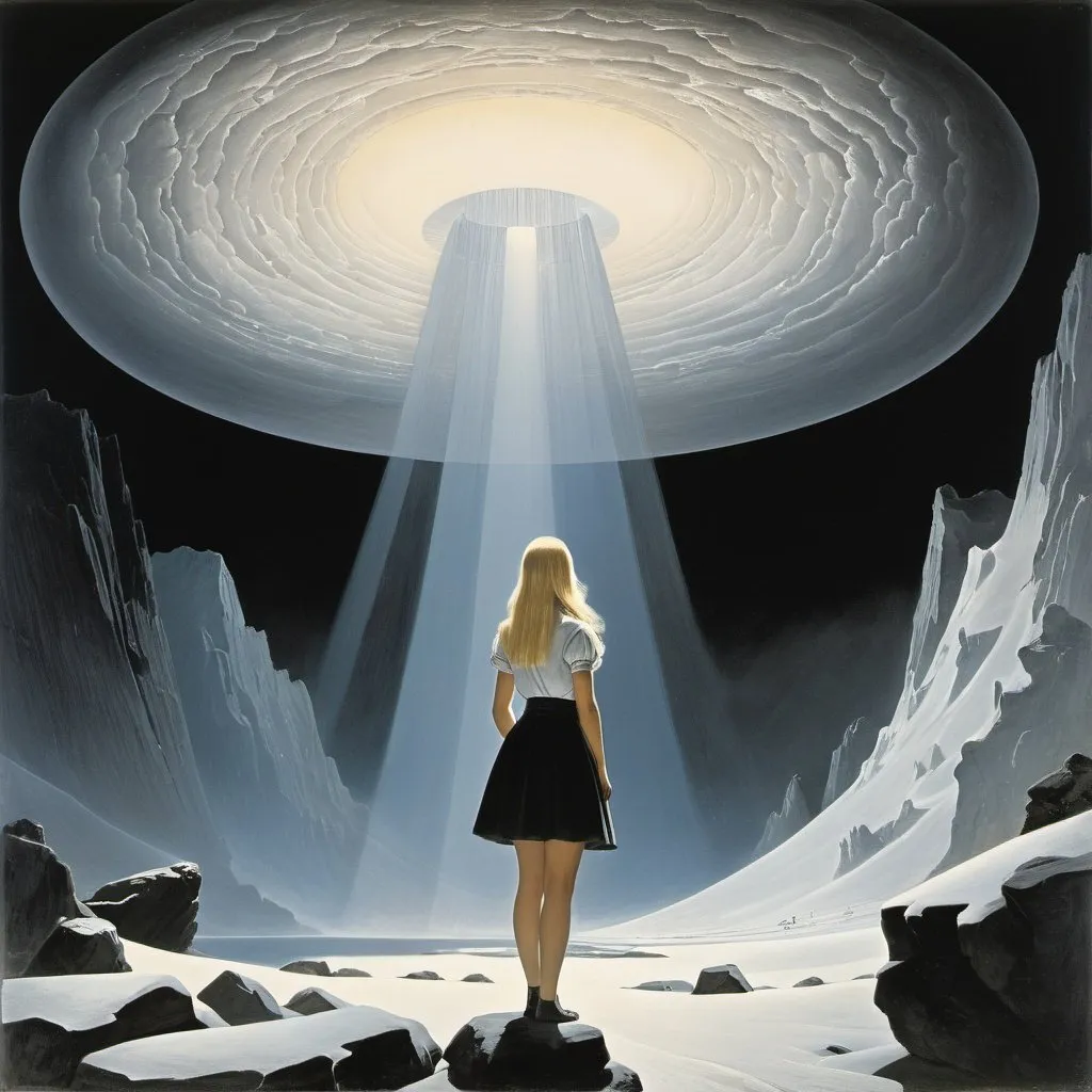 Prompt: Peder Balke, Theodor Severin Kittelsen, Surreal, mysterious, bizarre, fantastical, fantasy, Sci-fi, Japanese anime, inventor in mythology, hollow earth theory, counterfeits, heresy, shadows, myths, alchemy, infinite labyrinth of knowledge, blonde miniskirt beautiful girl Alice, perfect voluminous body, detailed masterpiece 