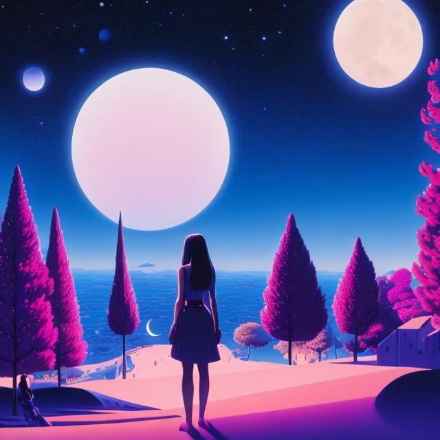 Prompt: Guy Billout, Surreal, mysterious, strange, fantastic, fantasy, Sci-fi, Japanese anime, beautiful girl in a miniskirt, perfect voluminous body, crescent moon, moonlight realm, traveler only at night, the moon and stars sleeping on earth, hyper detailed masterpiece high resolution definition quality, depth of field cinematic lighting 