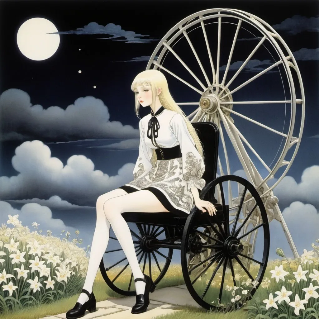 Prompt: Kay Nielsen, Edith Martineau, Lubo Kristek, Moto Hagio, David B. Mattingly, Surrealism, wonder, strange, bizarre, fantasy, Sci-fi, Japanese anime, spinning wheel that winds up the clouds, meadow of night lilies, sky train, miniskirt beautiful high school girl waiting at the station, perfect voluminous body, detailed masterpiece 