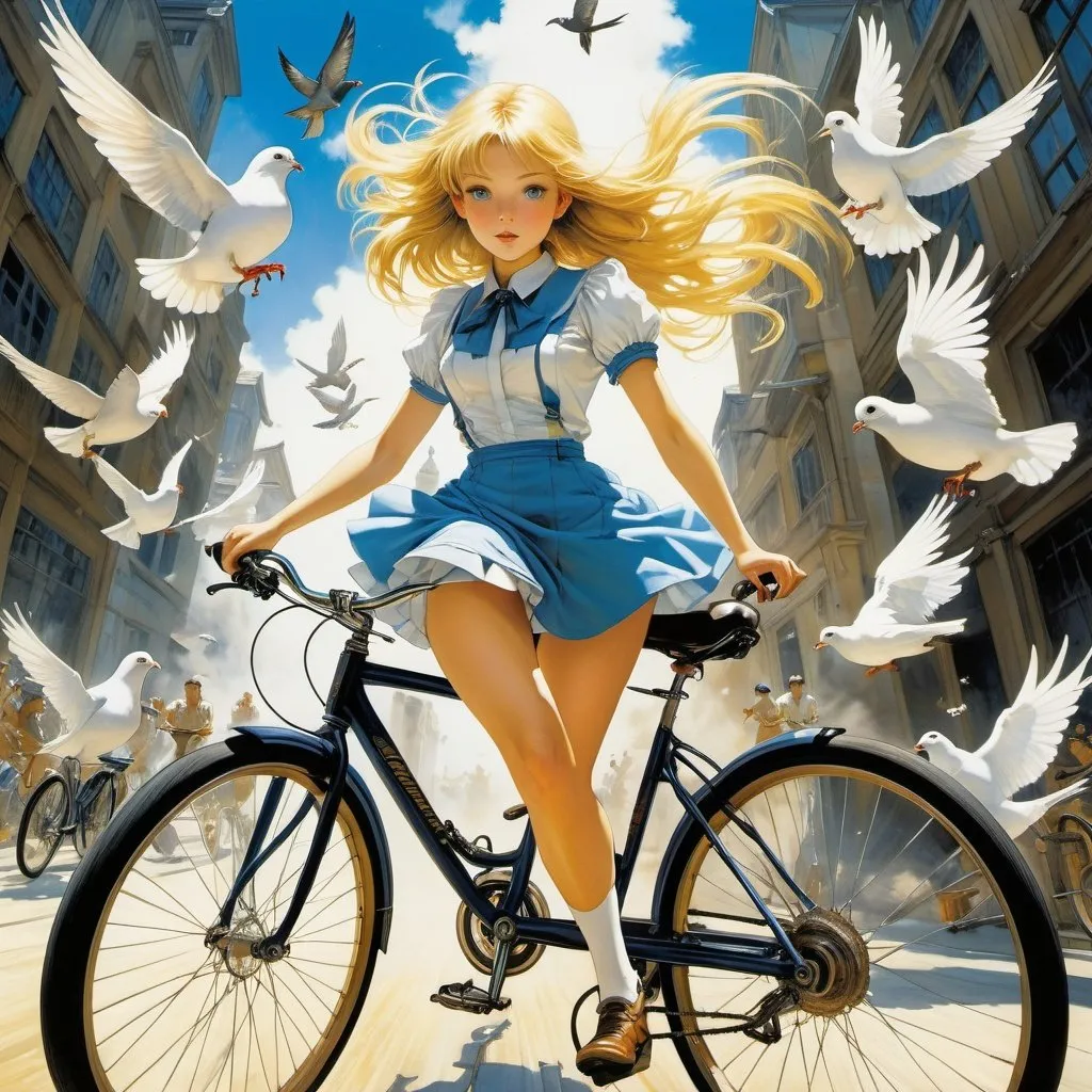 Prompt: Gary Frank, Yoshitaka Amano, Maximilian Pirner, Surrealism, strange, bizarre, fantastical, fantasy, Sci-fi, Japanese anime, beautiful blonde miniskirt girl Alice running up the rainbow on her bicycle, perfect voluminous body, sweating skin glistening, dynamism, bird's eye view, pigeons flying side by side, detailed masterpiece 