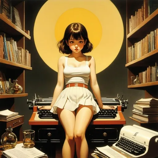 Prompt: Thomas Crane, Fam Ekman, Adolf Hoffmeister, Bill Sienkiewicz, Maurice Sendak, Surrealism, wonder, strange, bizarre, fantasy, Sci-fi, Japanese anime, typewriter sun, miniskirt beautiful girl, perfect voluminous body, empty bottle, detailed masterpiece 