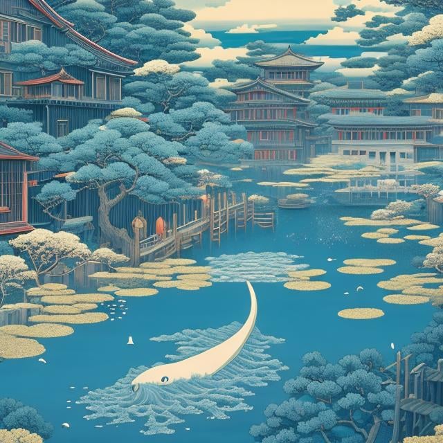 Prompt: Heikala, Hasui Kawase, Hokusai, Surreal, Mysterious, Strange, Fantastic, Fantasy, Sci-Fi, Japanese Anime, Venice, the City of Water, Water is time, and it gives beauty and its own alter ego. We are also part of water, and we too In this way, this town serves beauty. It scrubs the water and improves the appearance of time. That is the role of this town in the universe. We move, but the town does not. Tears are proof of that. For we are gone, and beauty remains, detailed masterpiece 