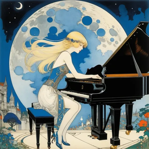 Prompt: Harry Clarke, Anton Pieck, George Barbier, Frank Cadogan Cowper, Gladys Hynes, Surrealism, wonder, strange, fantastical, fantasy, Sci-fi, Japanese anime, Moon City Star Garden, beautiful blonde miniskirt girl Alice, perfect voluminous body, moonlight pieces raining on piano player, detailed masterpiece low high angles dynamic perspectives