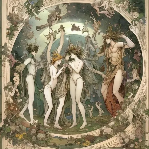 Prompt: Kate Greenaway　animesque　surreal　wondrous　strange　Whimsical　Sci-Fi Fantasy　Primavera　The man on the far left is Hermes、Dancing in a circle next to them「Three beautiful gods」。From the far left「passion」、If the center is「chaste」、The right is「tenderness」is the goddess of。Venus, the goddess of love, is in the middle。Just above that, Cupid is depicted as if he is about to shoot an arrow.。And on the far right of the painting is the Zephyrus of the West Wind