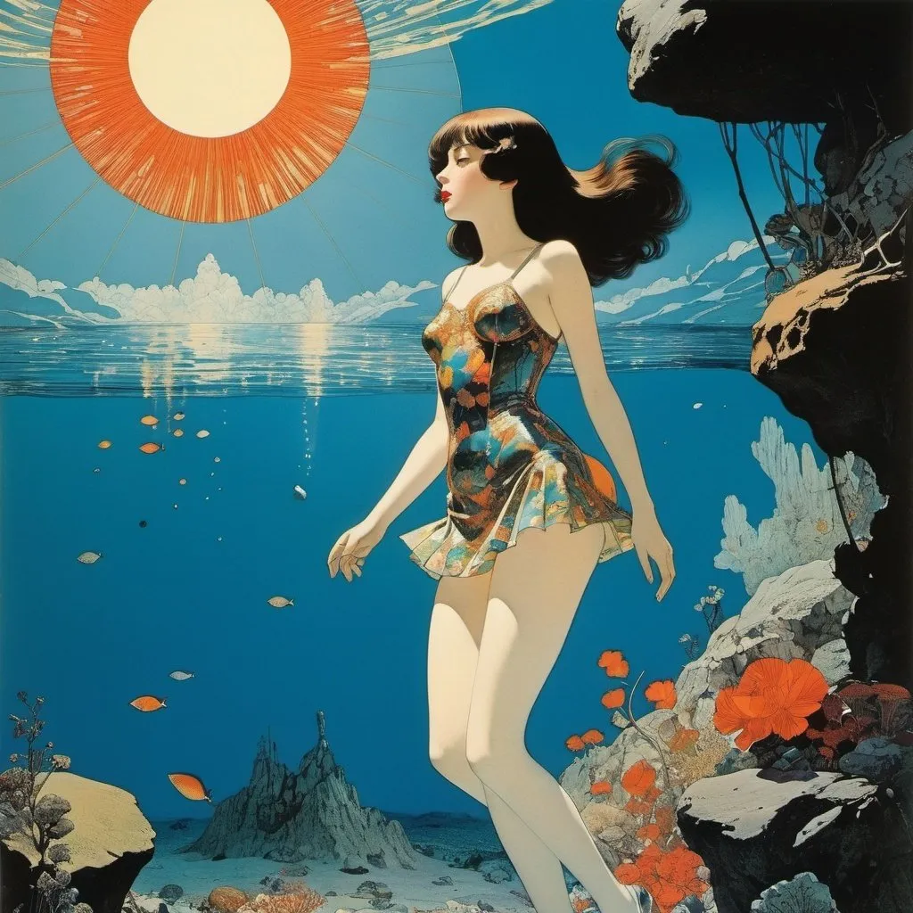 Prompt: Alberto Savinio, Horacio Altuna, Edd Cartier, Karel Teige, Harry Clarke, Surrealism, mysterious, strange, bizarre, fantasy, Sci-fi, Japanese anime, a world straight out of an encyclopedia, the sun shining on the ocean floor, a beautiful girl in a miniskirt diving into minerals, perfect voluminous body, detailed masterpiece 