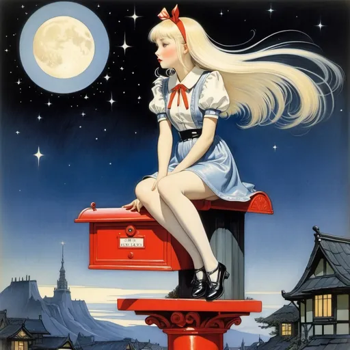 Prompt: Kay Nielsen, Matsuri Hino, Margaret Tarrant, José Villarrubia, Mabel Attwell, Surrealism, wonder, strange, bizarre, fantasy, sci-fi, Japanese anime, beautiful blonde miniskirt girl Alice sitting on top of a red mailbox, perfect voluminous body, waiting for the galactic mailman to arrive, from night to morning, detailed masterpiece low high angles perspectives 