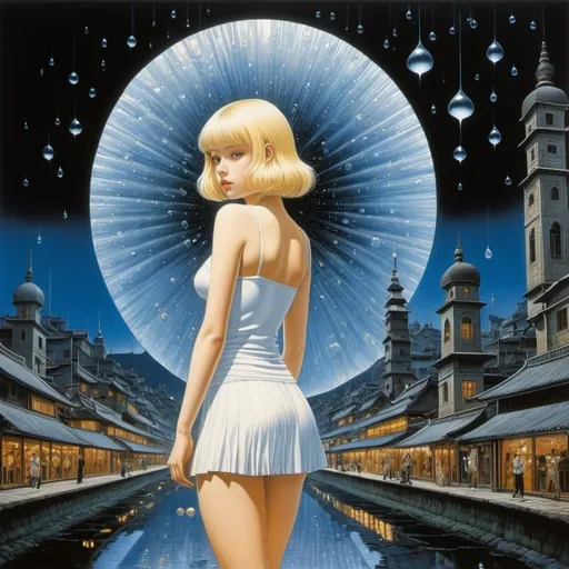 Prompt: Paul Delvaux, Katsuhiro Otomo, Louis le Brocquy, Arthur Boyd, Chiho Aoshima, Surrealism, wonder, strange, fantastical, fantasy, Sci-fi fantasy, anime, water droplets on a spiral shell, Babel at night, blonde miniskirt beautiful girl Alice, perfect voluminous body, detailed masterpiece 