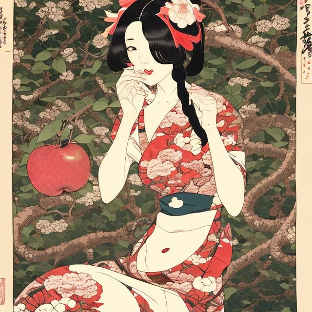 Prompt: Ukiyo-E style, Sydney Sime, Japanese anime, Katsuhiro Otomo, manga lines, Eve, solo girl, beautiful face, perfect body tight dress, under apple Tree, holding an apple, huge snake, hyperdetailed, realistic, high resolution, high quality, high definition, masterpiece 