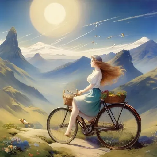 Prompt: Margaret Tarrant, Kate Greenaway, Frank Frazetta, Surreal, mysterious, strange, fantastical, fantasy, Sci-fi, Japanese anime, time travel on paper, library without walls, shoes, ships, and wax seals, miniskirt beautiful girl on a bicycle trip, perfect voluminous body, sweating wet, detailed masterpiece 