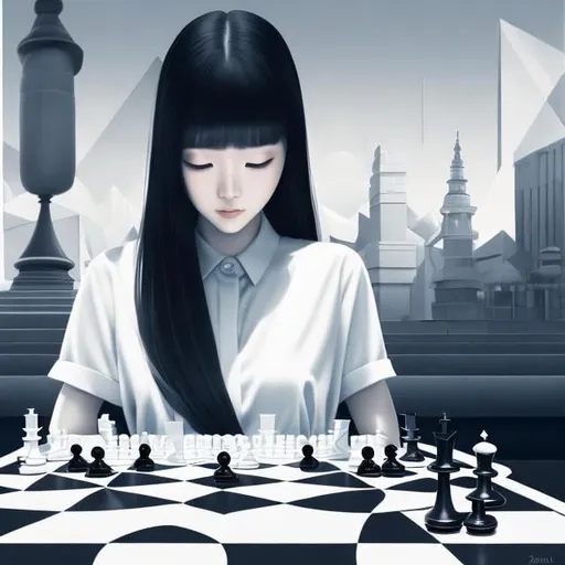 Prompt: Miho Obana, M C Escher, Surreal, mysterious, strange, fantastical, fantasy, Sci-fi, Japanese anime, geometric perspective architecture, horizon curve-divided angel perspective, line-divided ground perspective, shading expression, pretty young lady on the chess board, perfect voluminous low cut short dress body, detailed masterpiece fine lines colour hand drawings