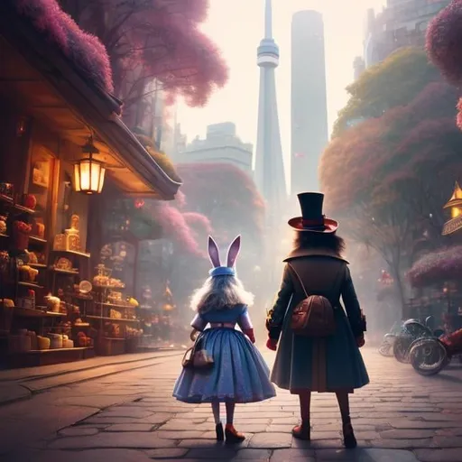 Prompt: Shaun Tan, Helen Oxenbury, surreal, mysterious, bizarre, fantastical, fantasy, Sci-fi, Japanese anime, beautiful girl Alice sightseeing in Toronto, rabbit walking on two legs wearing clothes, Mad Hatter, CN Tower, delicious crepes, hyper detailed masterpiece high resolution definition quality, depth of field cinematic lighting 