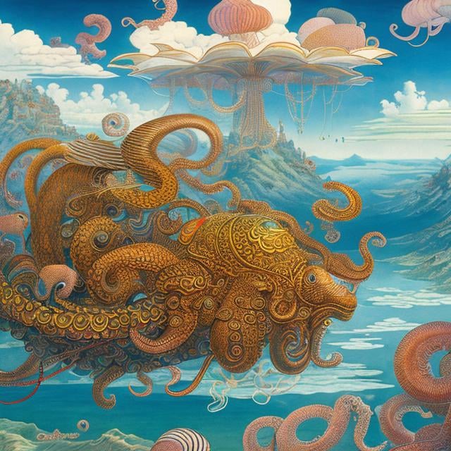 Prompt: Walter Crane,  Barbara Cooney, François-Louis Schmied, Japanese anime Sci-Fi Fantasy　country above the clouds　Ukishima　Beetle Taxi　Fish in the sea of clouds、octopuses、jellyfish　Little girl in a taxi Hyperdetailed high definition high resolution high quality masterpiece
