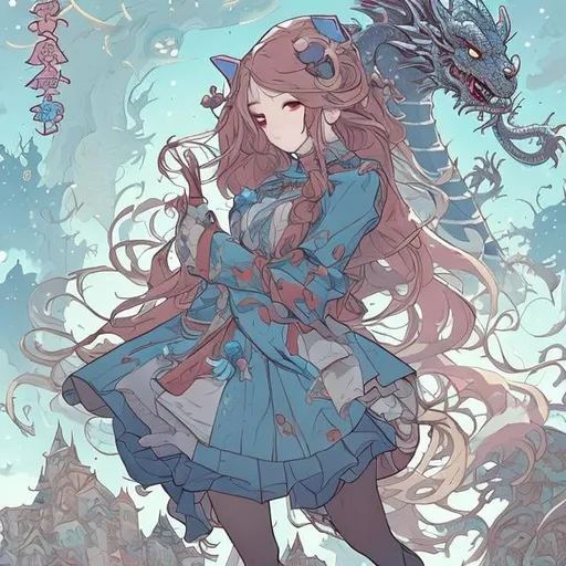 Prompt: Mabel Attwell, cute, James Jean Anime Mysterious Bizarre Fantastic  Sci-fi Fantasy Tea with the Dragon Western-style castle hall Girl Alice detailed high quality resolution definition masterpiece manga lines