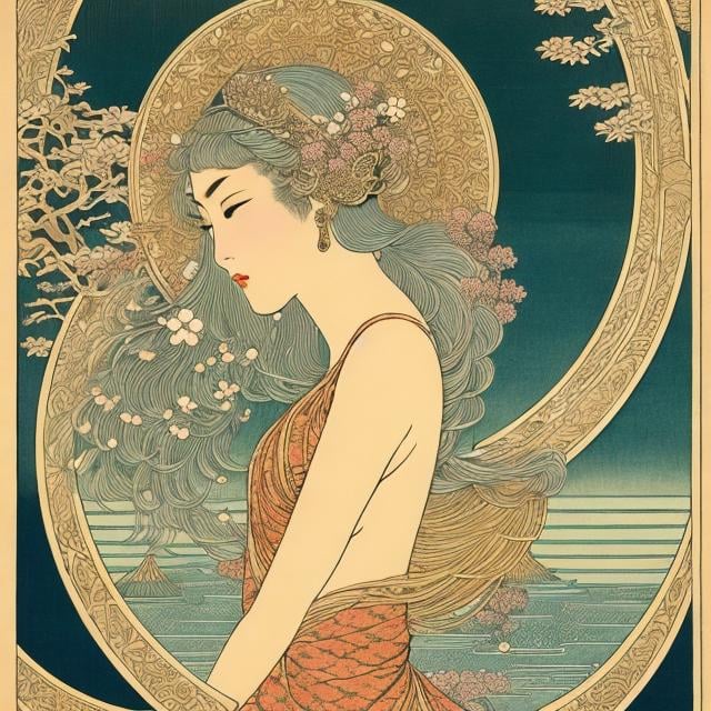 Prompt: Woodblock print Walter Crane Ukiyo-e style Helen nyce, Art Deco style Anime Surreal Mysterious Strange Fantastic Fantasy Sci-fi Fantasy Beautiful girl perfect body, Queen's eyes Chemistry, botany, zoology, physics Falling moon