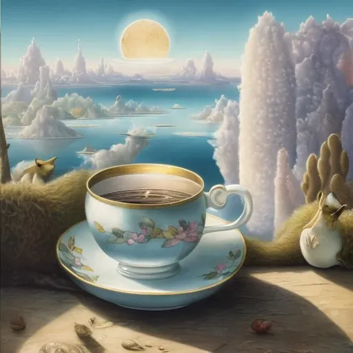 Prompt: Grace Pailthorpe, Beatrix Potter, Surreal, mysterious, strange, fantastical, fantasy, Sci-fi fantasy, anime, Venus sinking to the bottom of a cup, cafe terrace, detailed masterpiece 