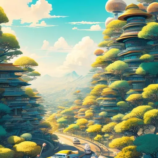 Prompt: Japanese Style, Kate Greenaway, James Jean, Jean Giraud, Anime Mysterious Strange Fantastic Sci-Fi Fantasy Tokyo Scenery City Ammonite Staircase Conch Elevator Yellow FIAT500 Taxi Miniskirt Girl Walking Blue Sky Clouds, hyper detailed high resolution high definition high quality masterpiece, face detailed 