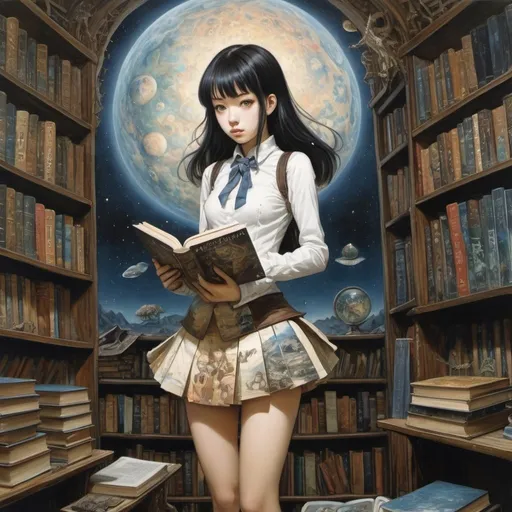 Prompt: Yana Toboso, Francois Avril, Surreal natural history, mysterious, bizarre, fantastical, fantasy, sci-fi, Japanese anime, the other side of painting, a beautiful girl in a miniskirt from the kingdom of dusk, perfect voluminous body, the existence of "books" that transmit knowledge across time and space, detailed masterpiece hand coloured drawings 