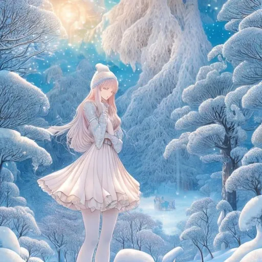 Prompt: Walter Crane, Tomie dePaola, Surreal, mysterious, bizarre, fantastical, fantasy, Sci-fi, Japanese anime, Christmas night, town inside a giant snow kamakura, blueprint of snow crystals, frost-covered trees, Mikado, frost flowers, miniskirt beautiful girl, perfect voluminous body, detailed masterpiece 