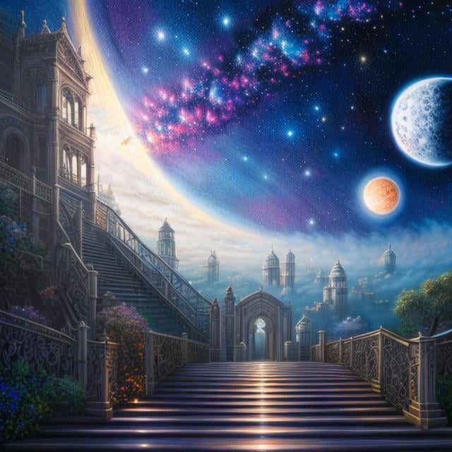 Prompt: John Stephens style, huge moon over sky, endless stair seems to reach to the moon, see galaxy in background, girl climbing stair, sci-fi, fantasy, anime, hand drawn water colour feel, surreal